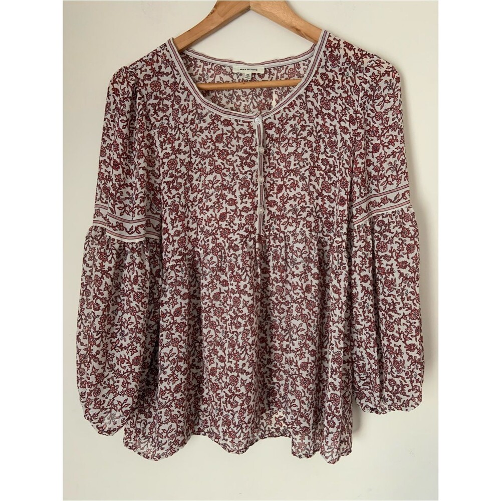 Max Studio White Pink Floral Peasant Semi Sheer Tunic Top Summer Spring Flowy XS
